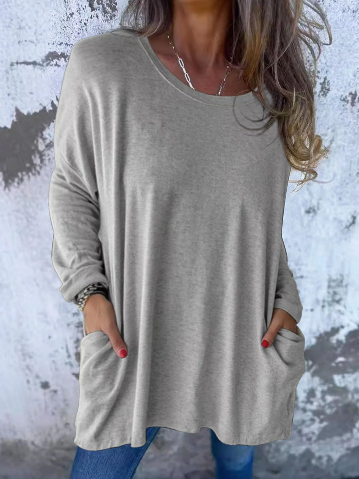 Damen Weiches Oversize Langarmshirt mit Rundhalsausschnitt, Lässigen Ärmeln und Seitentaschen Drune