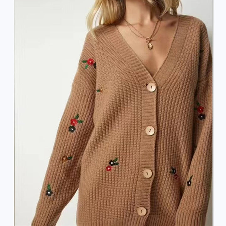 Damen Strickcardigan mit floralen Stickereien Drune