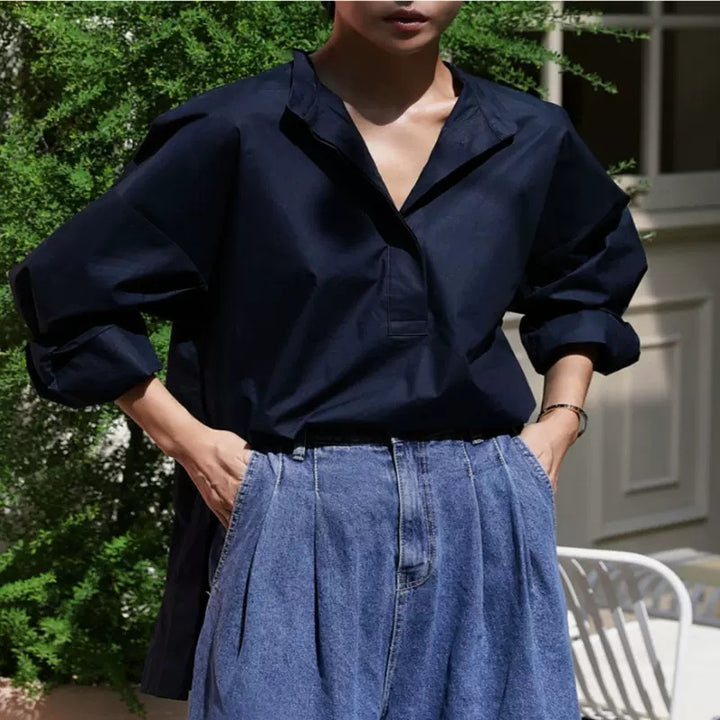 Damen Oversize-Hemd aus Baumwollpopeline mit Kentkragen und verlängertem Rückenteil Drune