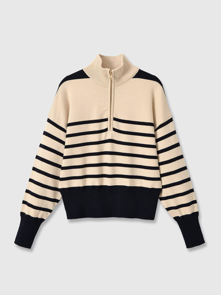 Damen Gestreifter Strickpullover mit halbem Reißverschluss und Stehkragen Drune