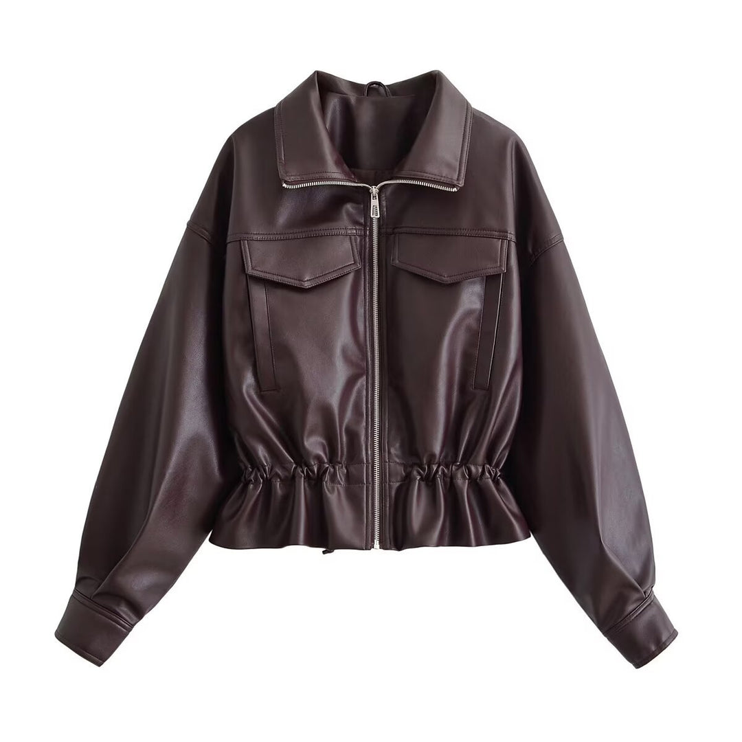 Damen Kurzjacke aus veganem Leder mit Tunnelzug und aufgesetzten Brusttaschen Drune