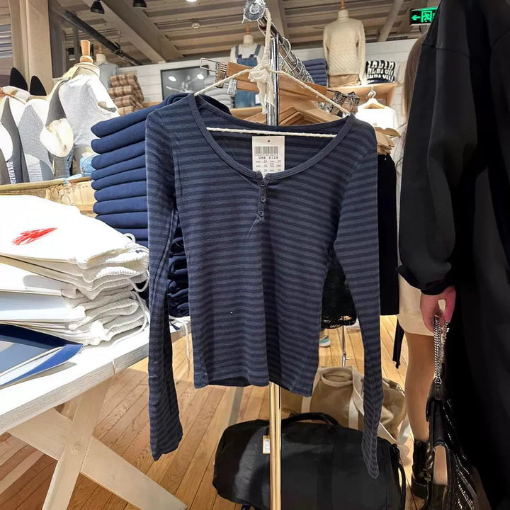 Damen Langarm-Henley-Shirt mit feinen Streifen Drune