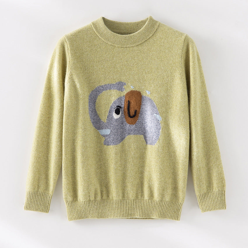 Damen Feinstrick-Pullover mit plüschiger Elefanten-Intarsia und Rippbündchen Drune