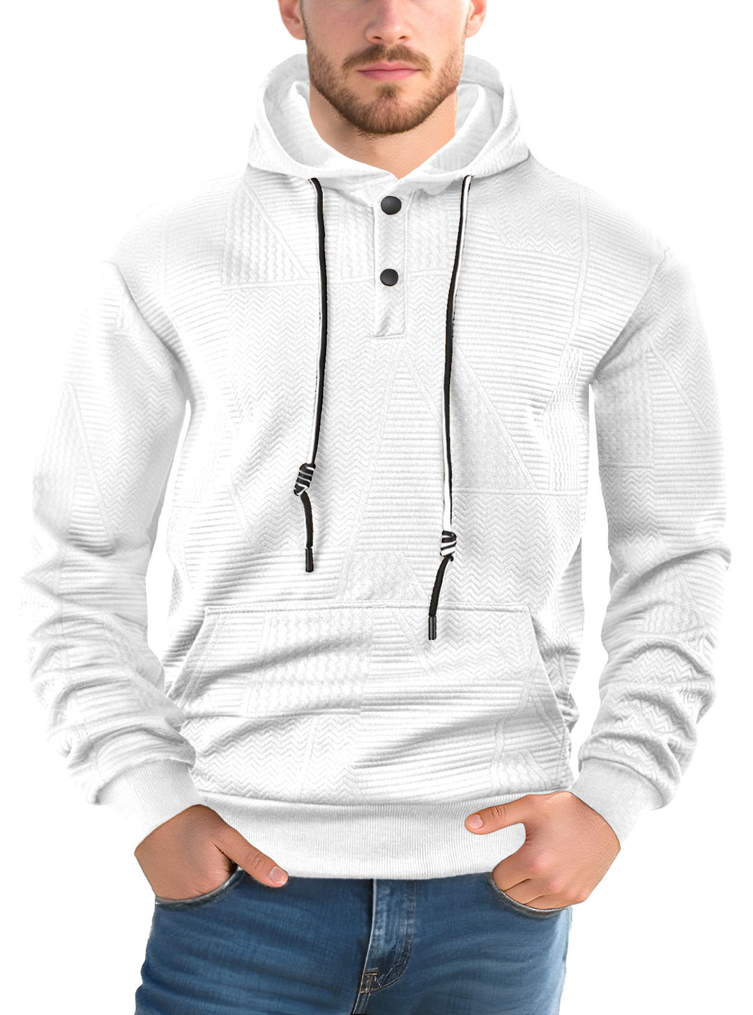 Herren Texturierter Kapuzenpullover mit gesteppter Patchstruktur und Druckknopfleiste Drune