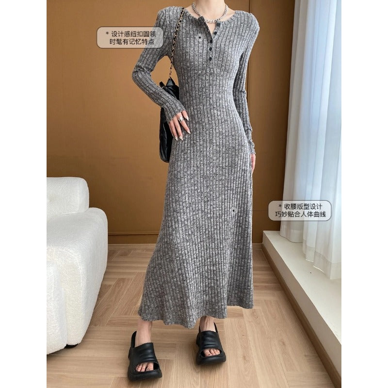 Damen langes Strickkleid mit Knopfleiste und figurbetontem Schnitt Drune