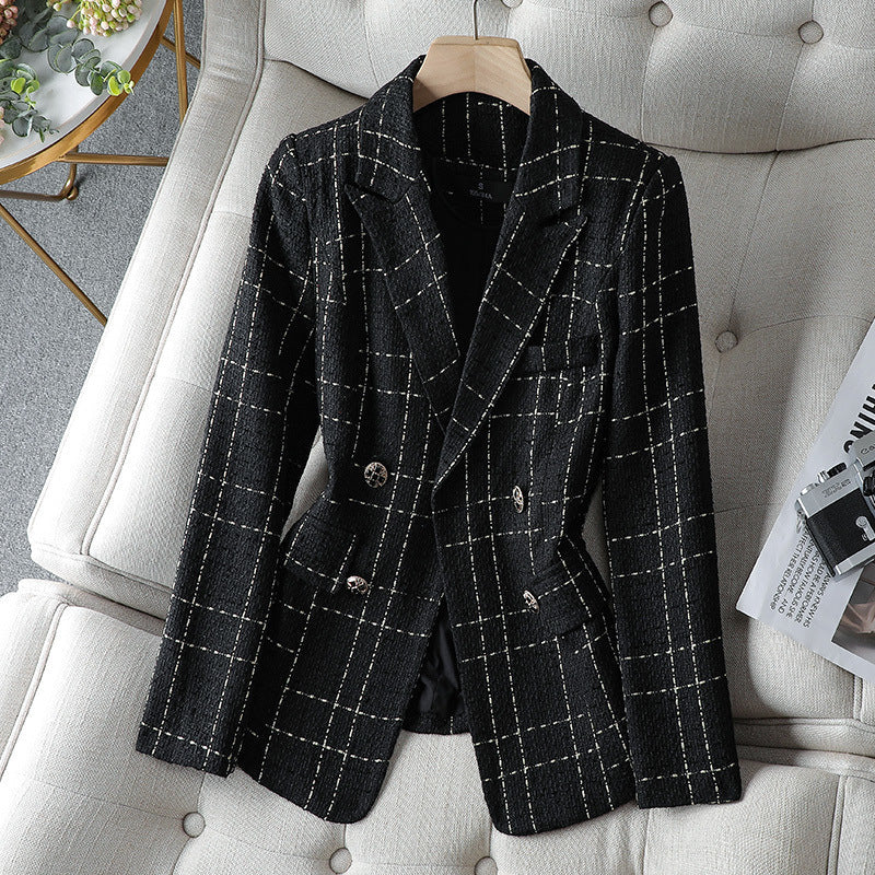 Drune | Blazer Figurschneider Tweed Textur Doppelreiher Karomuster