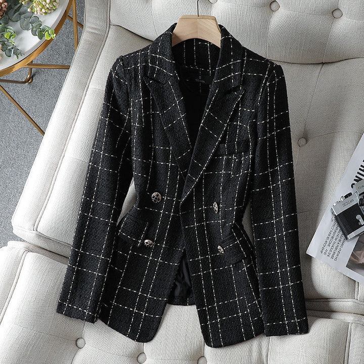 Drune | Blazer Figurschneider Tweed Textur Doppelreiher Karomuster