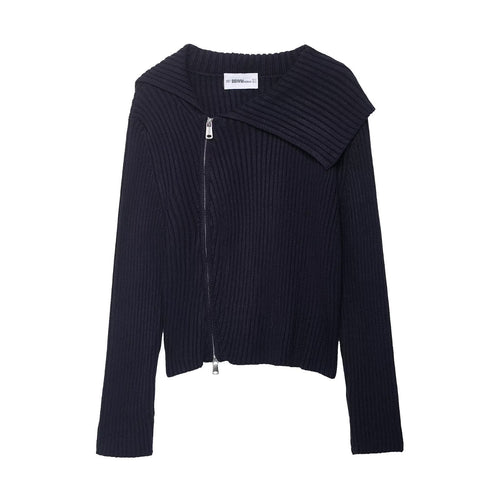 Damen stylischer Strickpullover mit asymmetrischem Kragen und Reißverschluss Drune