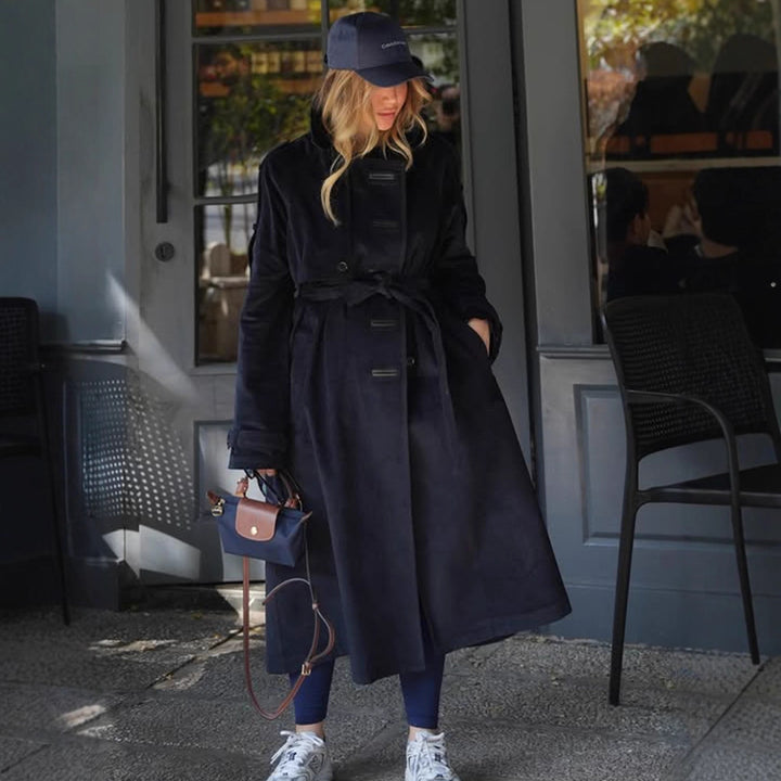 Damen langer Cord-Trenchcoat mit Bindegürtel und Oversize-Schultern Drune