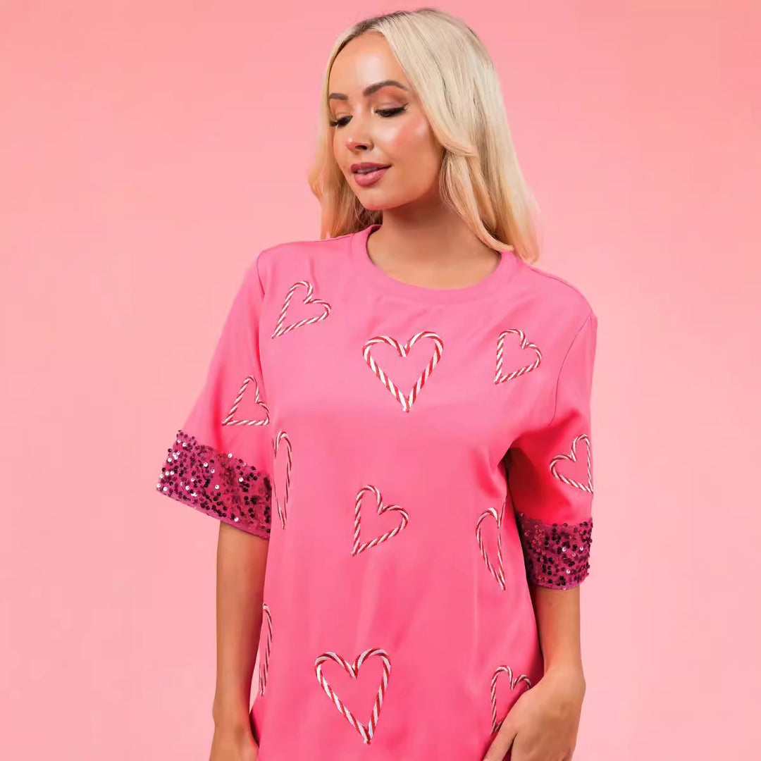 Damen Oversized T-Shirt mit Glitzer-Ärmeln und Herz-Muster Drune