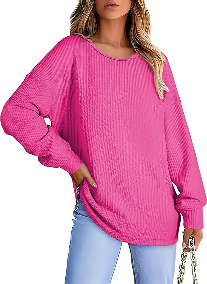 Damen Oversize Waffelstrickpullover mit Rundhals, Ballonärmeln und verlängertem Saum Drune