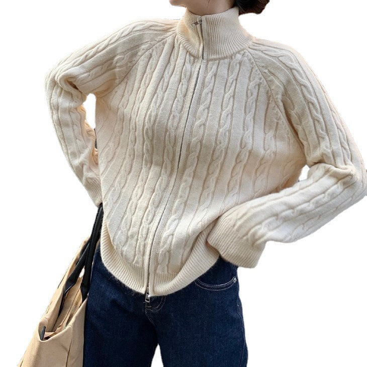 Damen Strickjacke mit Zopfdesign und hohem Kragen Drune