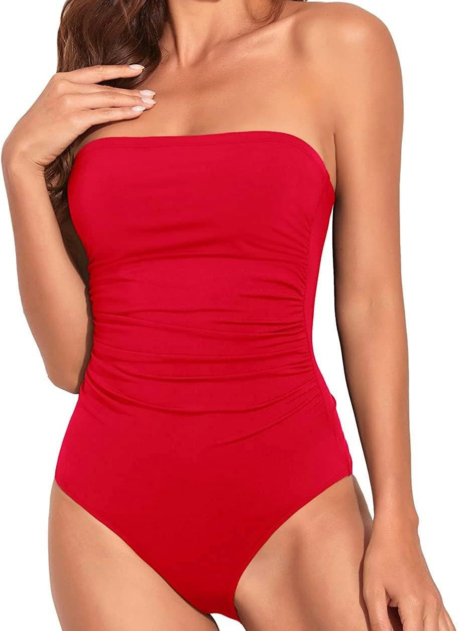 Damen Einteiliger Badeanzug mit eleganter Raffung und trägerlosem Schnitt Drune