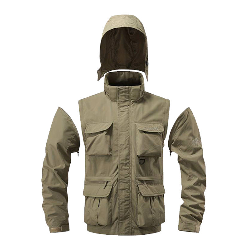 Herren nan multifunktionale Fieldjacke mit Kapuze und verstärkten Mehrfachtaschen wasserabweisendem Obermaterial und verstellbarem Saum Drune