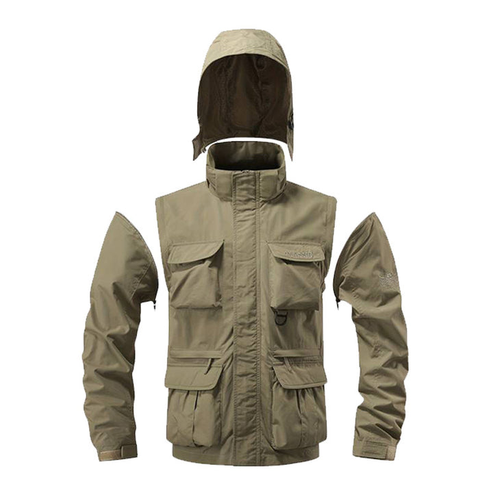 Herren  multifunktionale Fieldjacke mit Kapuze und verstärkten Mehrfachtaschen wasserabweisendem Obermaterial und verstellbarem Saum Drune