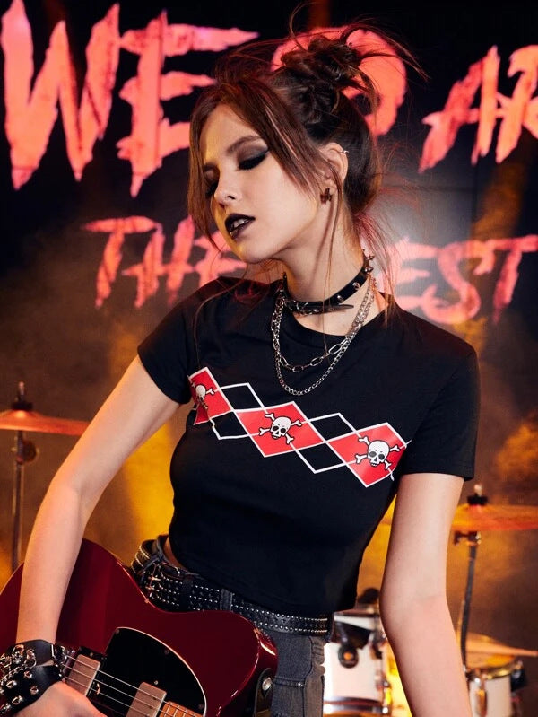 Damen Crop-Top mit kreativem Skeletthand-Motiv Drune