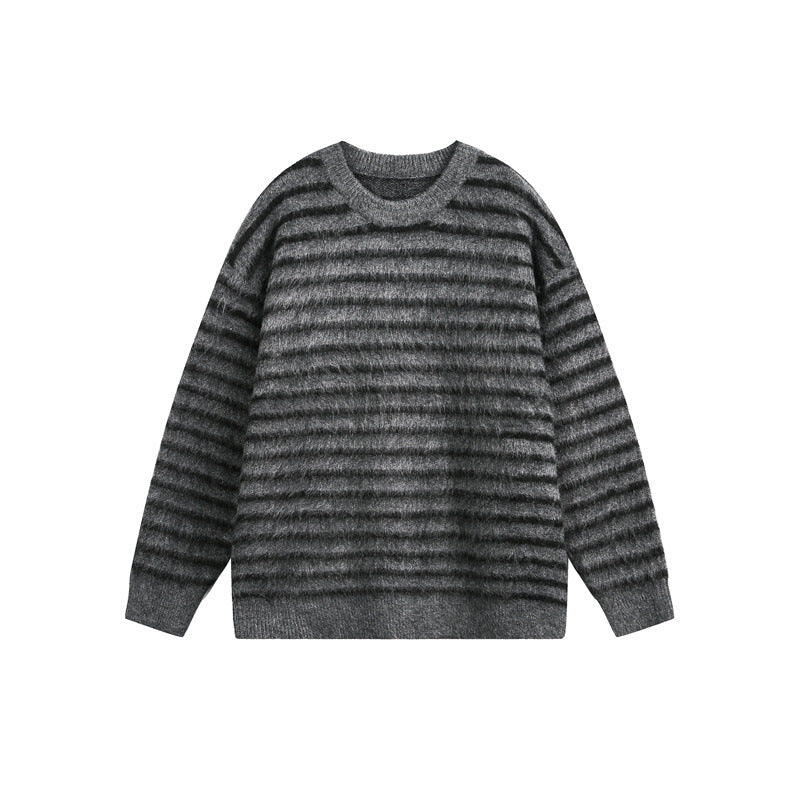 Unisex Oversize Gestreifter Flauschpullover mit Rundhalsausschnitt Drune