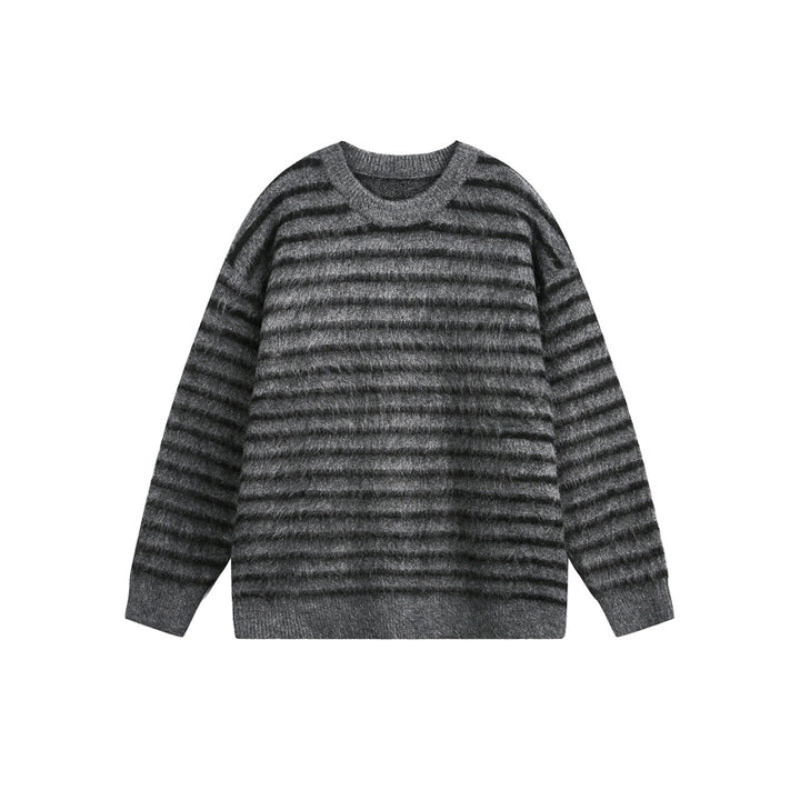 Unisex Oversize Gestreifter Flauschpullover mit Rundhalsausschnitt Drune