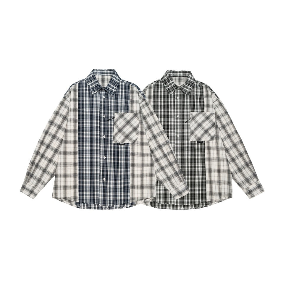 Unisex Kariertes Overshirt im Patchwork-Look mit Brusttasche Drune