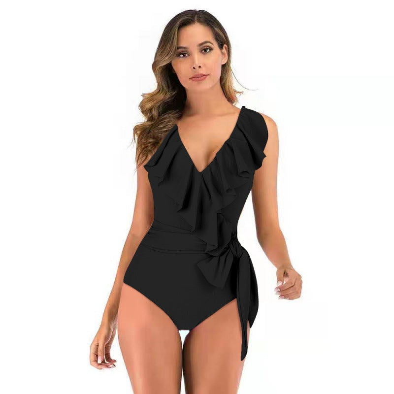 Damen Einteiliger Badeanzug mit raffinierten Rüschendetails und eleganter Schleife Drune