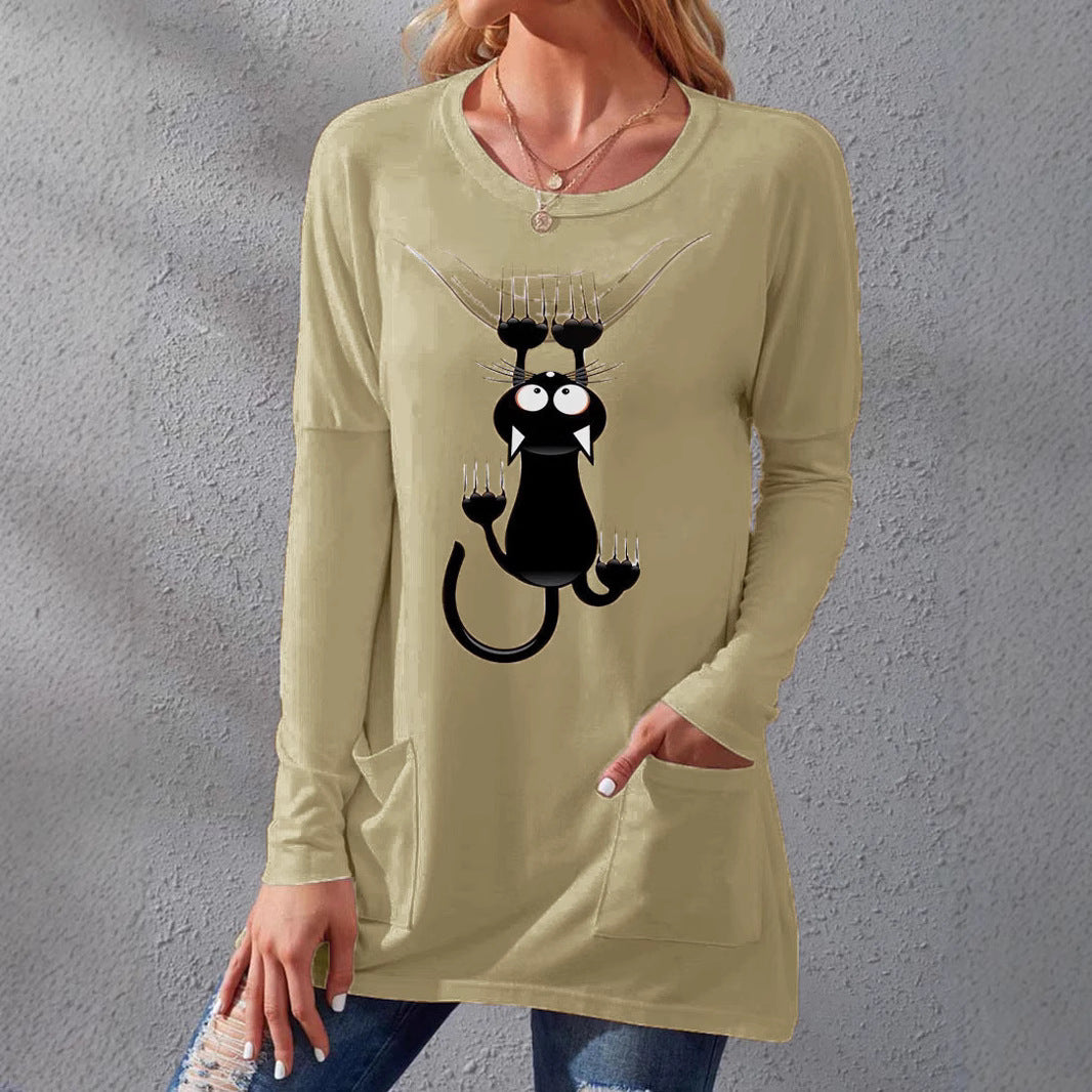 Damen Langere Baumwollmischung Tunika Shirt mit Cartoon-Katzen-Druck und Seitentaschen Drune