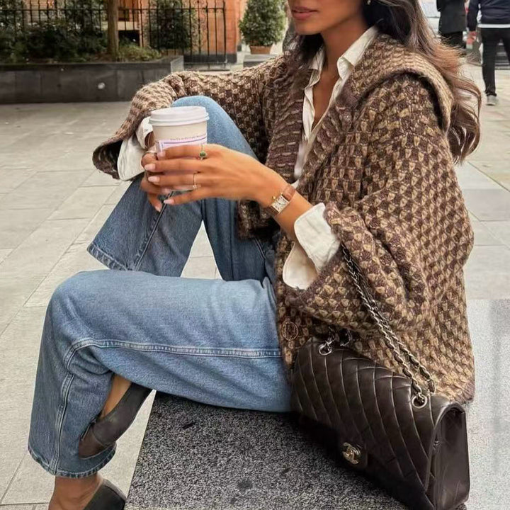Damen Kurzjacke im Bouclé‑Waffelmuster mit großem Umlegekragen Drune