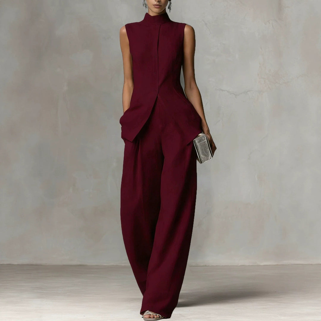Damen Ärmelloser Leinen-Jumpsuit mit Stehkragen und weitem Bein Drune