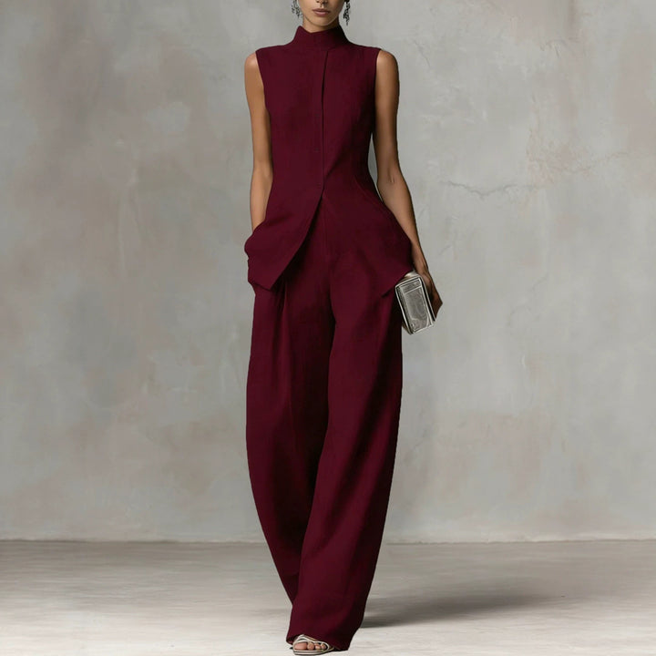 Damen Ärmelloser Leinen-Jumpsuit mit Stehkragen und weitem Bein Drune