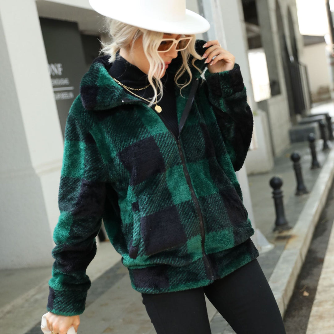 Damen Plüsch-Hoodiejacke mit trendigem Karomuster und praktischen Reißverschlusstaschen Drune