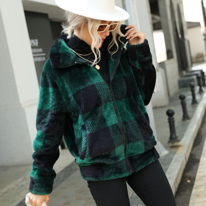 Damen Plüsch-Hoodiejacke mit trendigem Karomuster und praktischen Reißverschlusstaschen Drune
