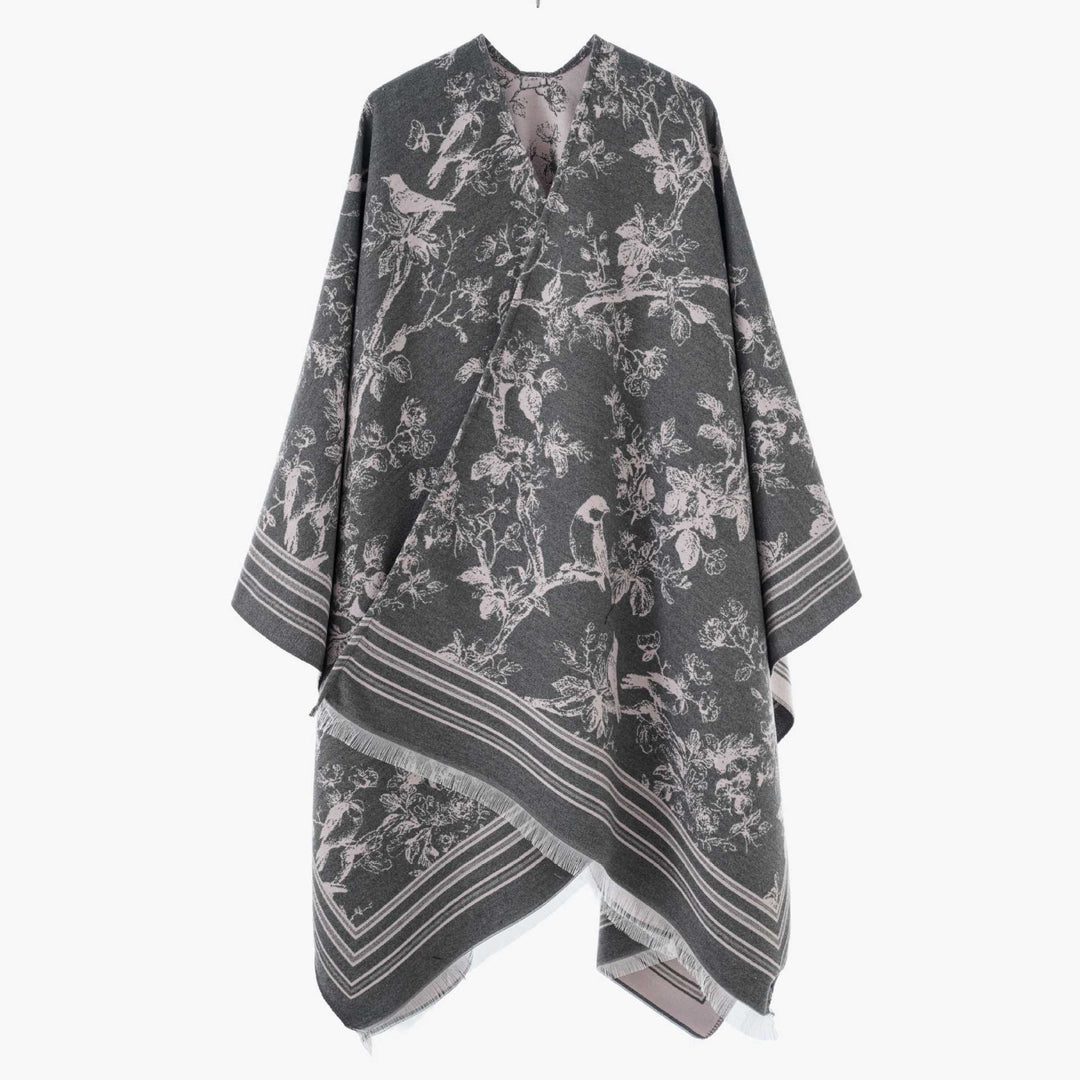 Damen Offener Jacquard‑Kaftanponcho mit Vogel‑ und Blumenmotiv Drune