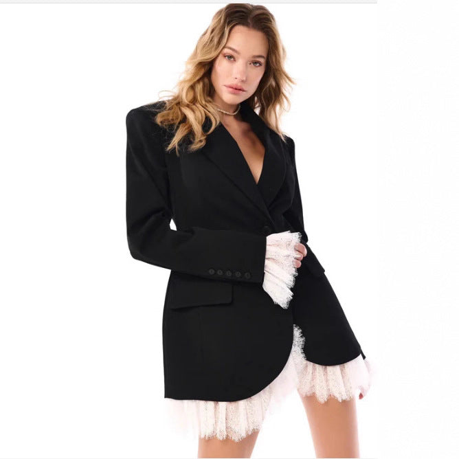 Damen nan längerer taillierter Blazer-Mantel mit Reverskragen und Pattentaschen Drune