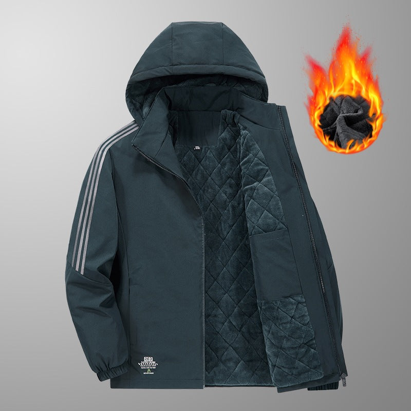 Herren Wattierte Kapuzen-Übergangsjacke mit gesteppter Teddy-Innenfütterung und markanten Ärmellängsstreifen Drune