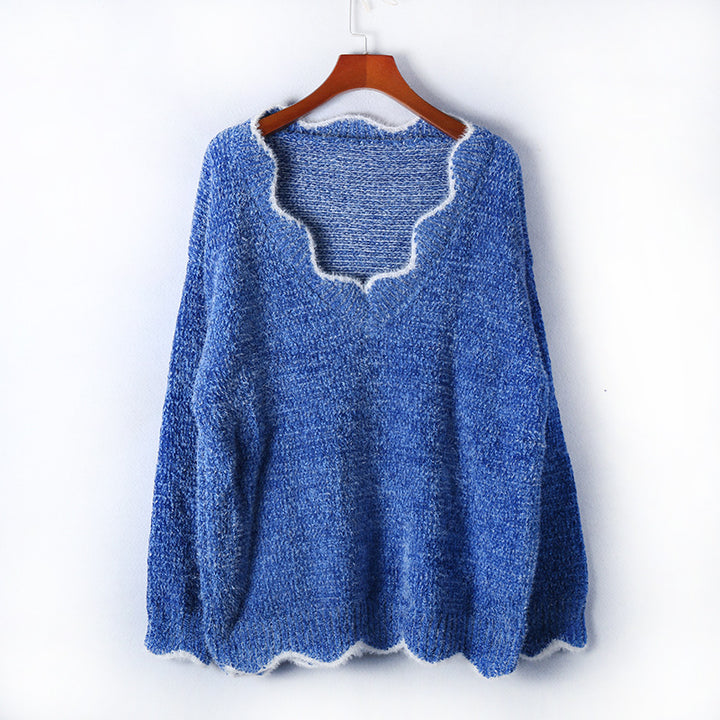 Damen lässiger Strickpullover mit weitem V-Ausschnitt und asymmetrischem Saum Drune