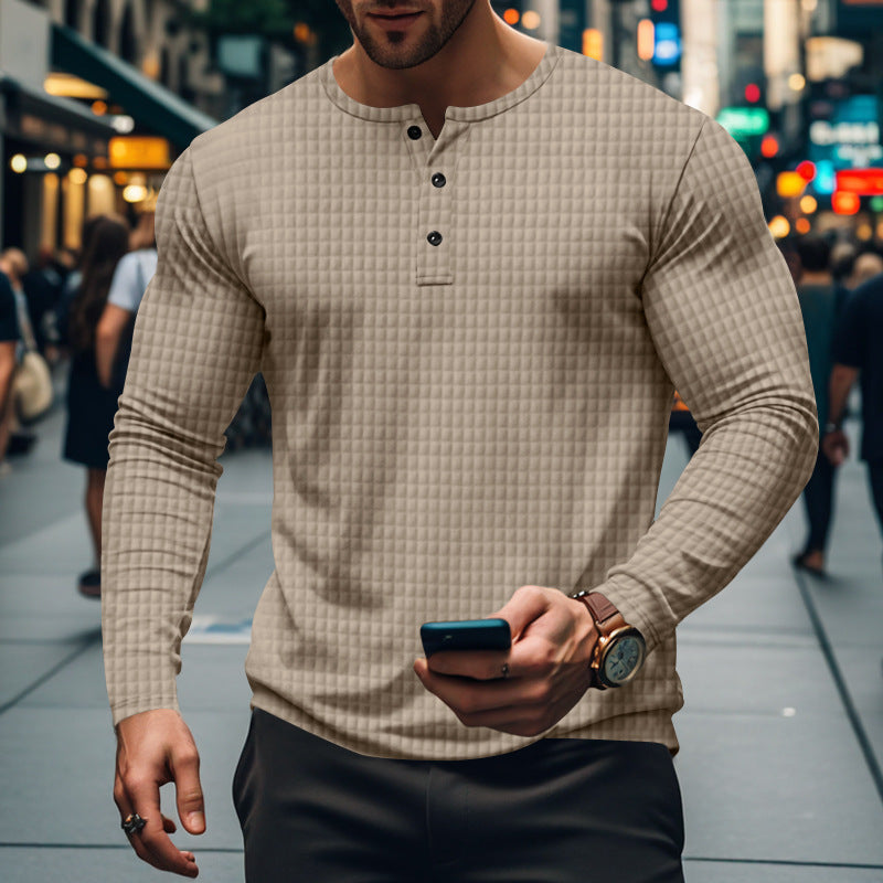 Herren nan figurbetontes Langarmshirt mit Rundhals-Knopfleiste und Waffelstruktur Drune