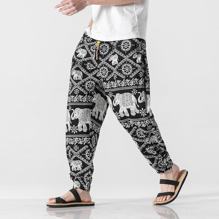 Unisex nan lässige Boho-Haremshose mit Elefantenmuster, elastischem Bund und Bündchen Drune