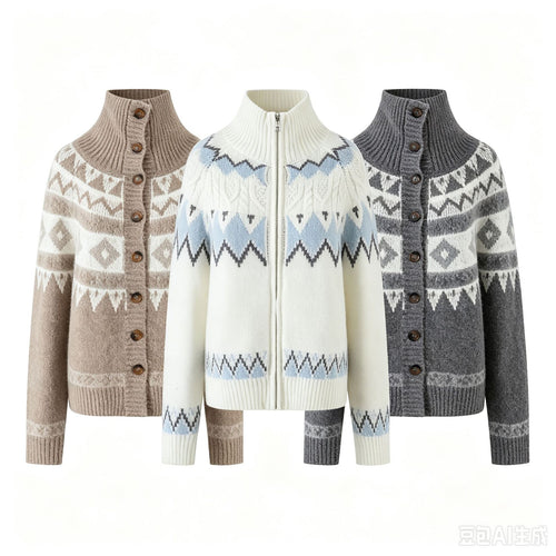 Damen Strickjacke mit durchgehendem Reißverschluss, Rippkragen und Norweger-Muster Drune