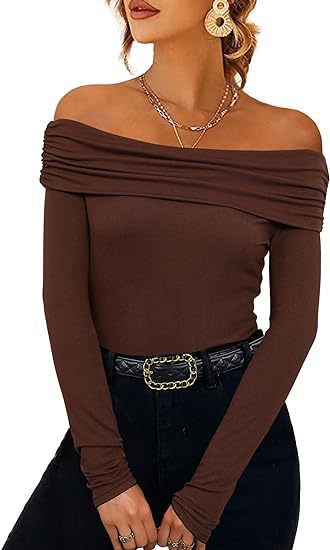 Damen Figurbetontes Schulterfreies Langarm Feinstrickshirt mit Carmenausschnitt Drune