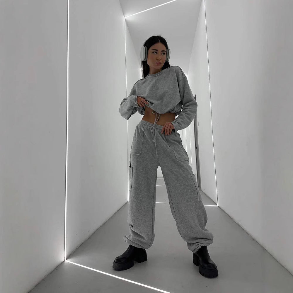 Damen kurzes Sweatshirt mit Kordelzug und Oversize-Ärmeln Drune