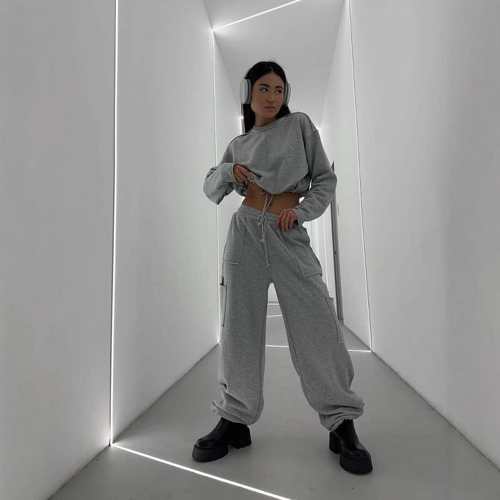 Damen kurzes Sweatshirt mit Kordelzug und Oversize-Ärmeln Drune