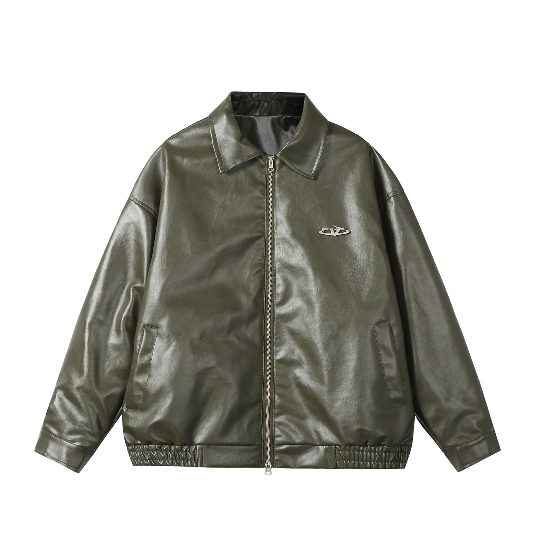 Damen Oversize Glattleder‑Optik Blousonjacke mit elastischem Saum und Metall‑Logo Drune
