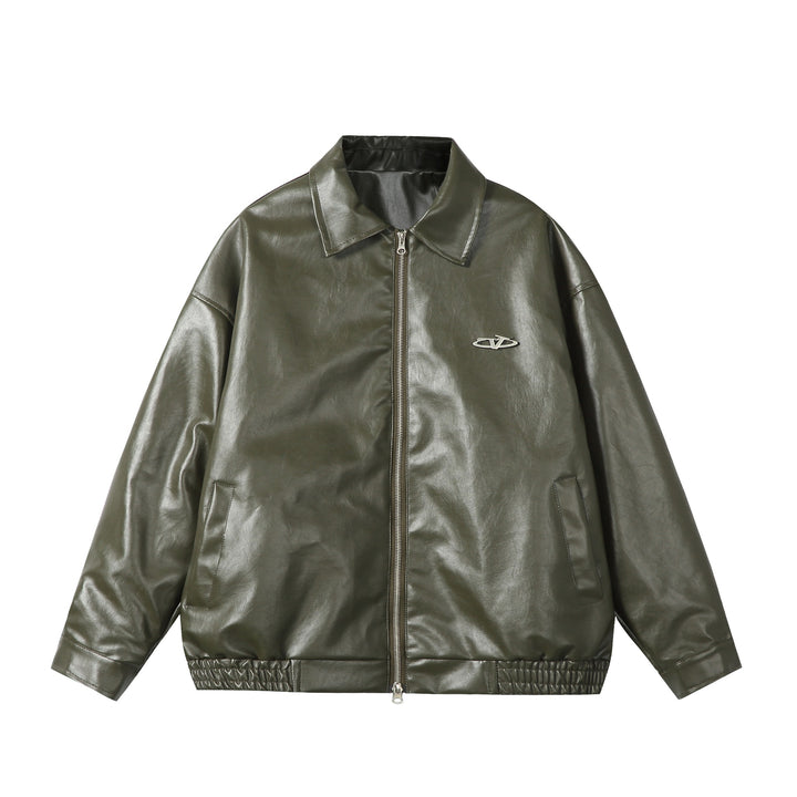 Damen Oversize Glattleder‑Optik Blousonjacke mit elastischem Saum und Metall‑Logo Drune