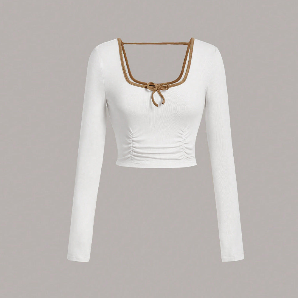 Damen cropped Langarmshirt mit modischem Quadrat-Ausschnitt und raffinierten Knoten-Details Drune