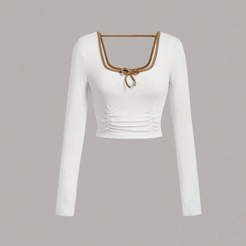 Damen cropped Langarmshirt mit modischem Quadrat-Ausschnitt und raffinierten Knoten-Details Drune