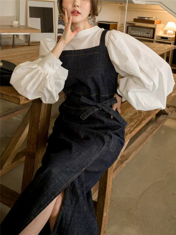 Damen Langes Jeans-Latzkleid mit eckigem Ausschnitt, Taillenband und vorderem Beinschlitz Drune