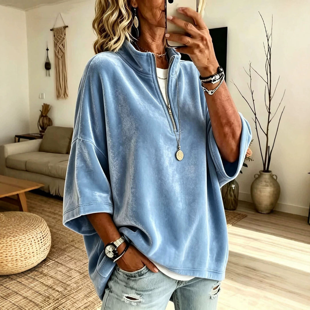 Damen Oversize Samt-Pullover mit kurzem Reißverschluss und Stehkragen Drune