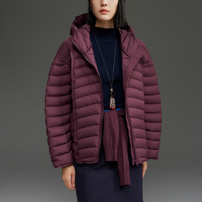 Damen Ultraleichte gesteppte Daunenjacke mit Kapuze und winddichter Außenhülle Drune
