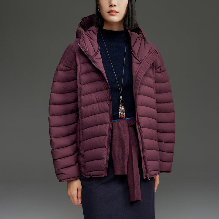 Damen Ultraleichte gesteppte Daunenjacke mit Kapuze und winddichter Außenhülle Drune