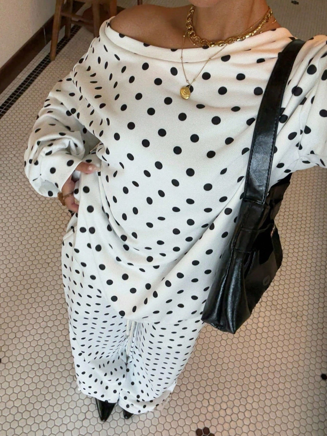 Damen Gepunktetes Zweiteiliges Lounge-Set mit weitem Boatneck und weiten Palazzo-Hosen Drune