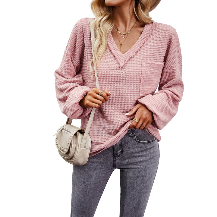 Damen nan Waffelstruktur V‑Neck Pullover mit aufgesetzter Brusttasche und überschnittenen Ärmeln Drune